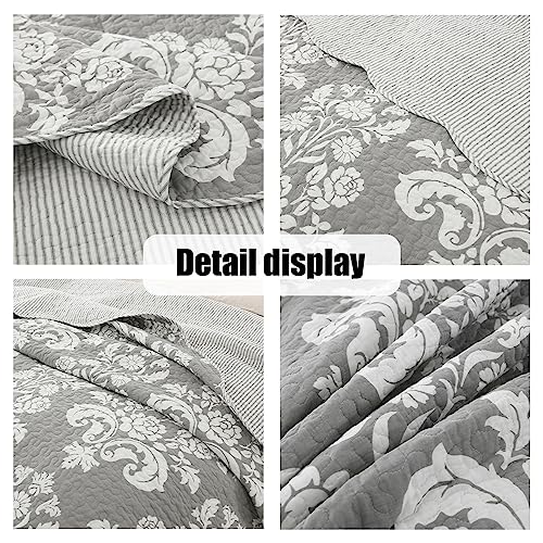Quilt King Size, Gray King Quilt Set 100% Cotton Bedspreads Lightweight Soft Quilted Reversible Bedding Set Farmhouse Damask Paisley Floral Comforter Coverlet,All Season Grey/Gray White 3-Piece #TOP5