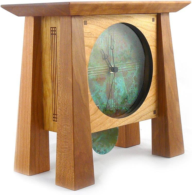 Modern Artisans Prairie Style Mantel/Shelf Clock with Copper Face and Pendulum, Handcrafted American Cherry Wood, 12"