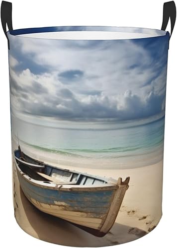 Boat on the Beach print Circular Hamper Waterproof Storage Bin Organizer Basket Laundry Hamper With Handles For Clothes Toys Medium