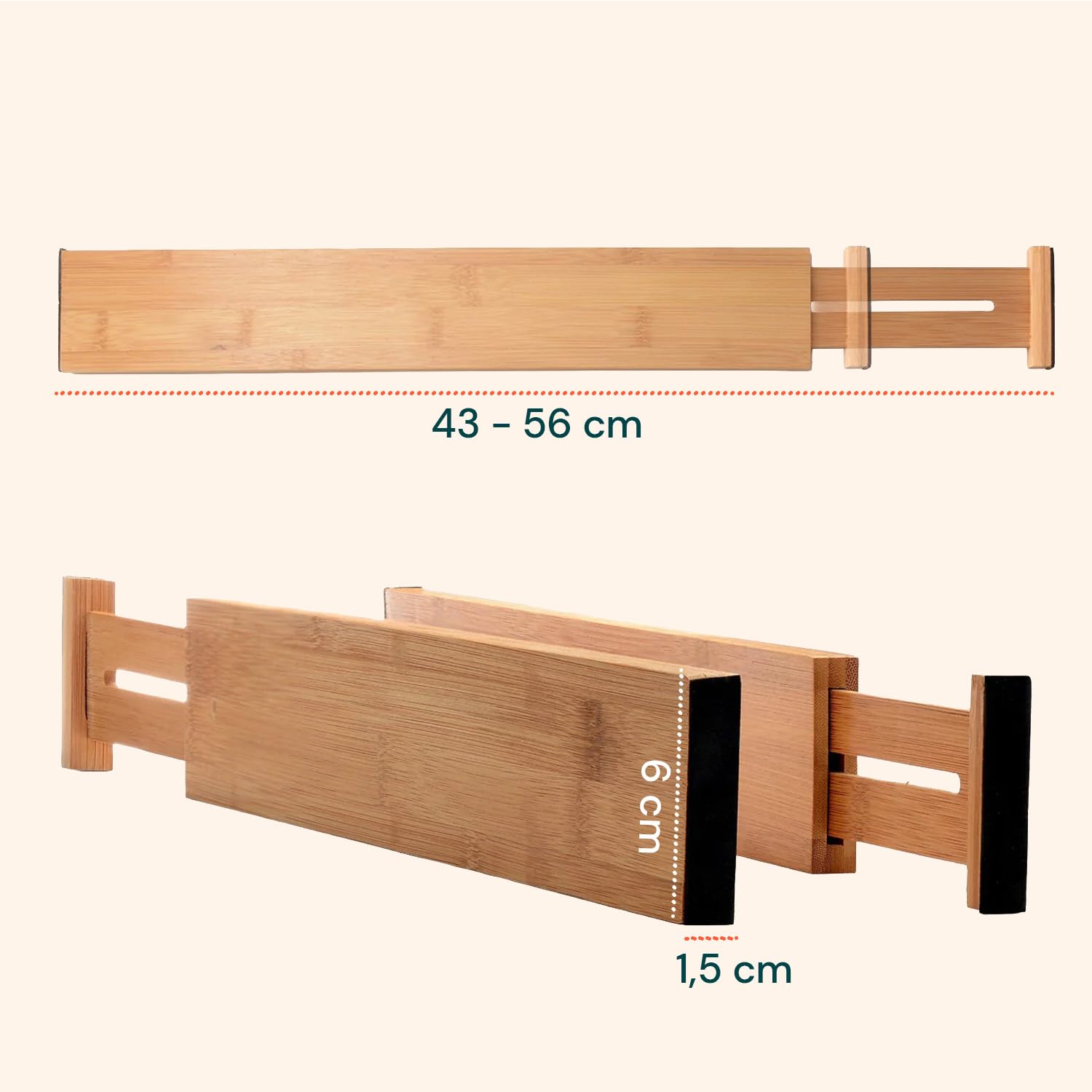 Avilia Divisori per Cassetti Set 4 Bamboo – Organizer Cassetti Regolabili 43–56 cm, Divisori Cassetti Cucina e Biancheria, Sistema a Molla Senza Attrezzi, Antiscivolo Salvaspazio