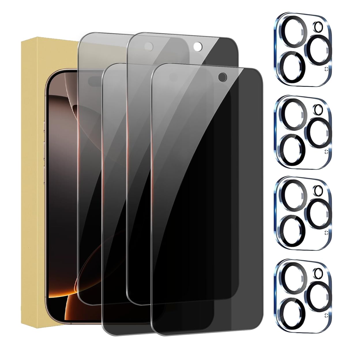 4 Pack Tempered Glass Privacy Screen Protector for iPhone 16 Pro with 4 Pack Camera Lens Protector, 9H Hardness, Bubble Free, Case Friendly