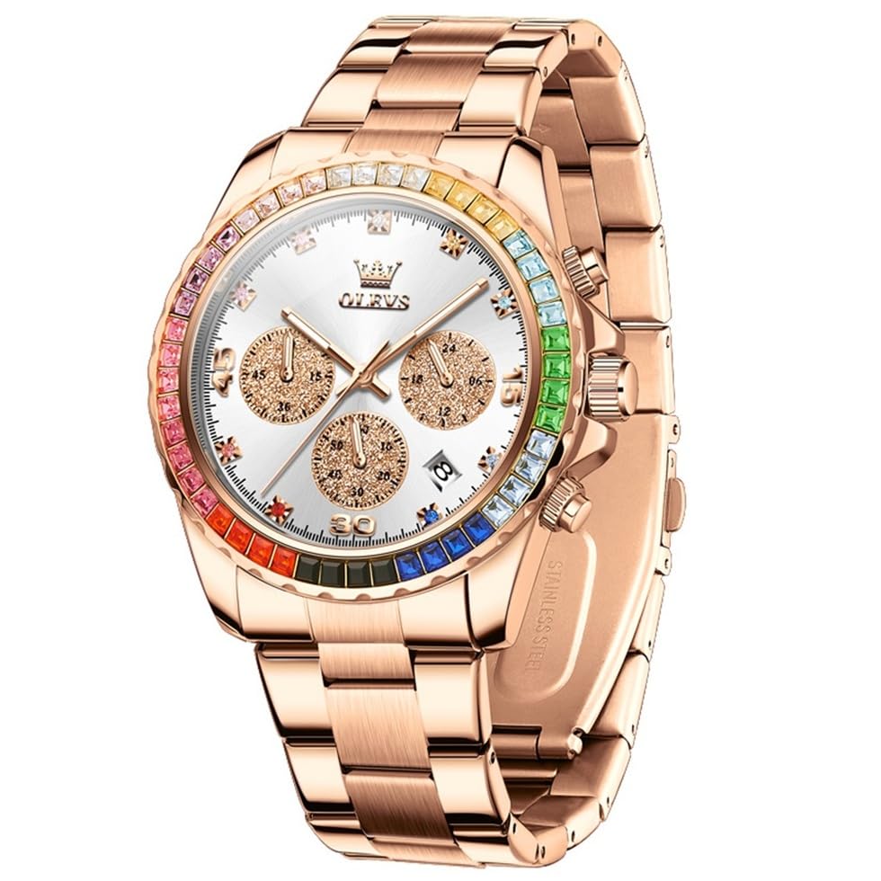 Image of OLEVS Watch for Men Luxury Gold Diamond Chronograph Business Wristwatch with Analog Quartz, Date Calendar, Stainless Steel Band, Luminous Hands, Waterproof