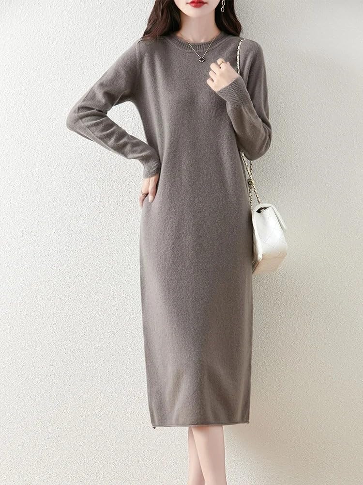 Autumn Winter Women Wool Knitwear Pullover Dress Soild Color O-Neck Loose Soft Long Sleeve Skirts