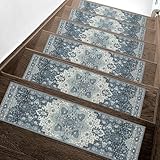 SARBEN Carpet Stair Treads Non Slip Indoor, 15PCS 8"x30" Edging Stair Runners for Wooden Steps, Peel-and-Stick with Reusable TPE Adhesive and Residue-Free Backing, Safe for Kids, Pets, Elders, Navy