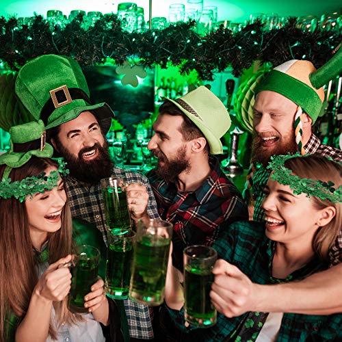 WILLBOND 4 Pieces St. Patrick\'s Day Green Tinsel Garland Include Shamrock Wreath, Wire Garland and Leprechaun Hat for Irish St Patrick Party Favor Home Wall Decorations