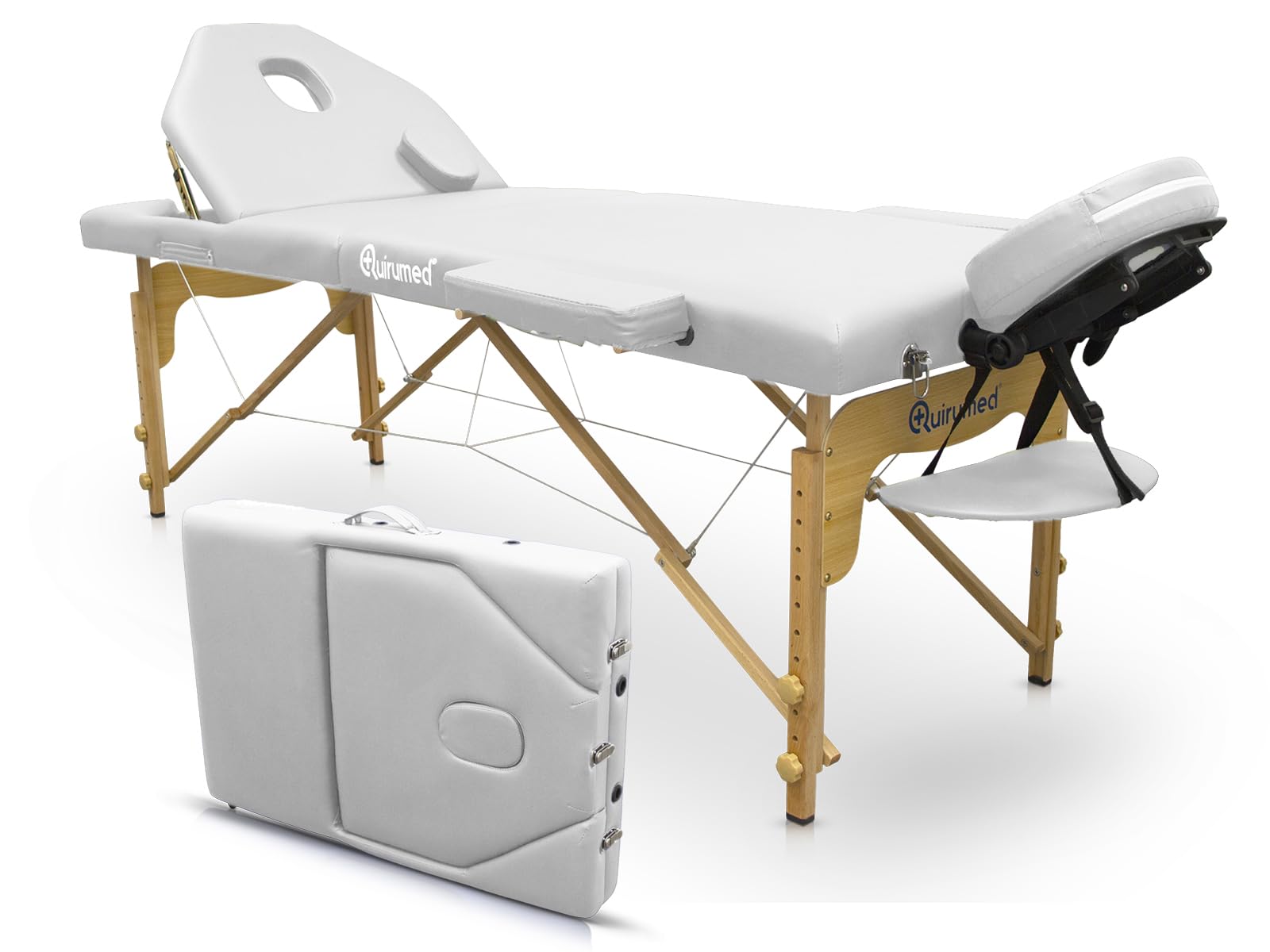 QUIRUMED Elite Lettino da massaggio pieghevole in legno, bianco, 194 x 70 cm, similpelle, portatile, schienale pieghevole, testa rimovibile, foro per il viso, altezza regolabile, fino a 150 kg