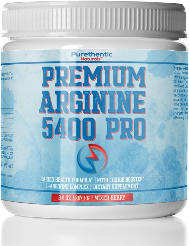 L-Arginine Powder 5400mg - Nitric Oxide Powder - Supports Blood Pressure and Cholesterol - Mixed Berry Flavor - Promotes Natural Energy and Cardiovascular Health - (9.4 oz.)