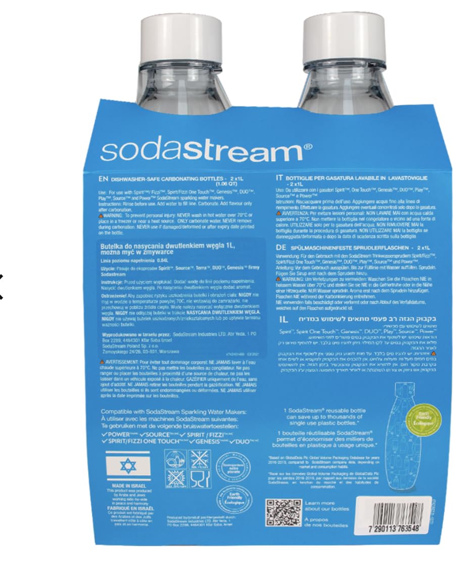 SodaStream 1 Litre Slim Reusable Dishwasher Safe Water Bottles Pack of 2 for Spirit, Terra, Art and Source Sparkling Water Makers for SodaStream Flavours - 2x 1 Litre Water, White