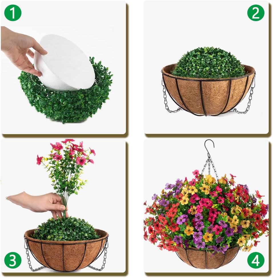 Jasion Artificial Hanging Flower Basket for Outdoors UV Resistant Faux Silk Spring Flowers Eucalyptus in Planter Realistic for Porch Patio Balcony Garden Home Decor