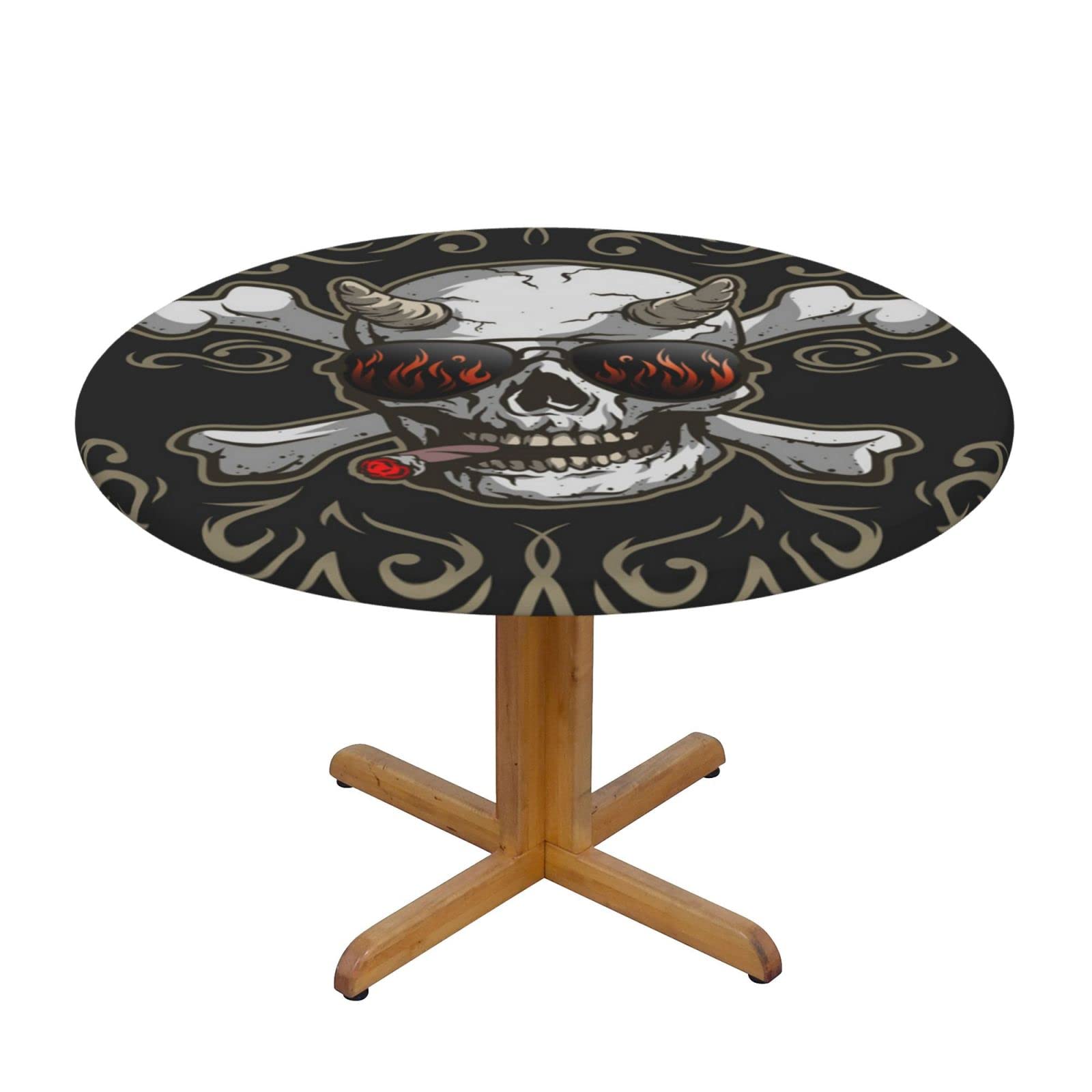 Lsjuee Round Fitted Tablecloth 45-50in Elastic Edged Table Cloth for Kitchen Dining Party Home Decor - Demon Skull Death Black