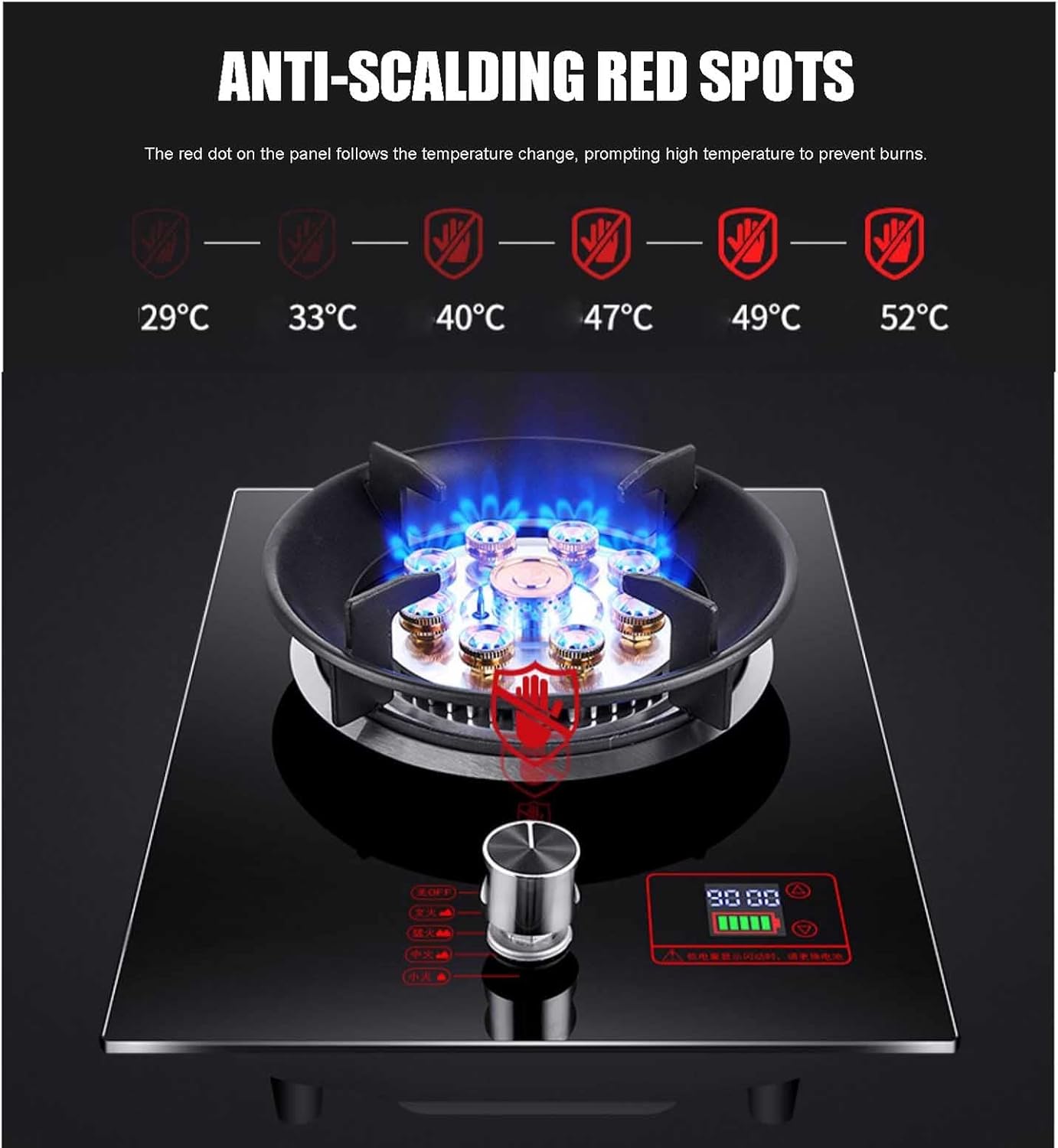 Upgrade Gas Stove Gas hob Black Tempered Glass Built-inGas hob Table-Top Cooking 90 Minutes Smart Timer with Flame Failure Protection Cast Iron Pan Support [Energy Class A] (Color : NG) (Lpg )