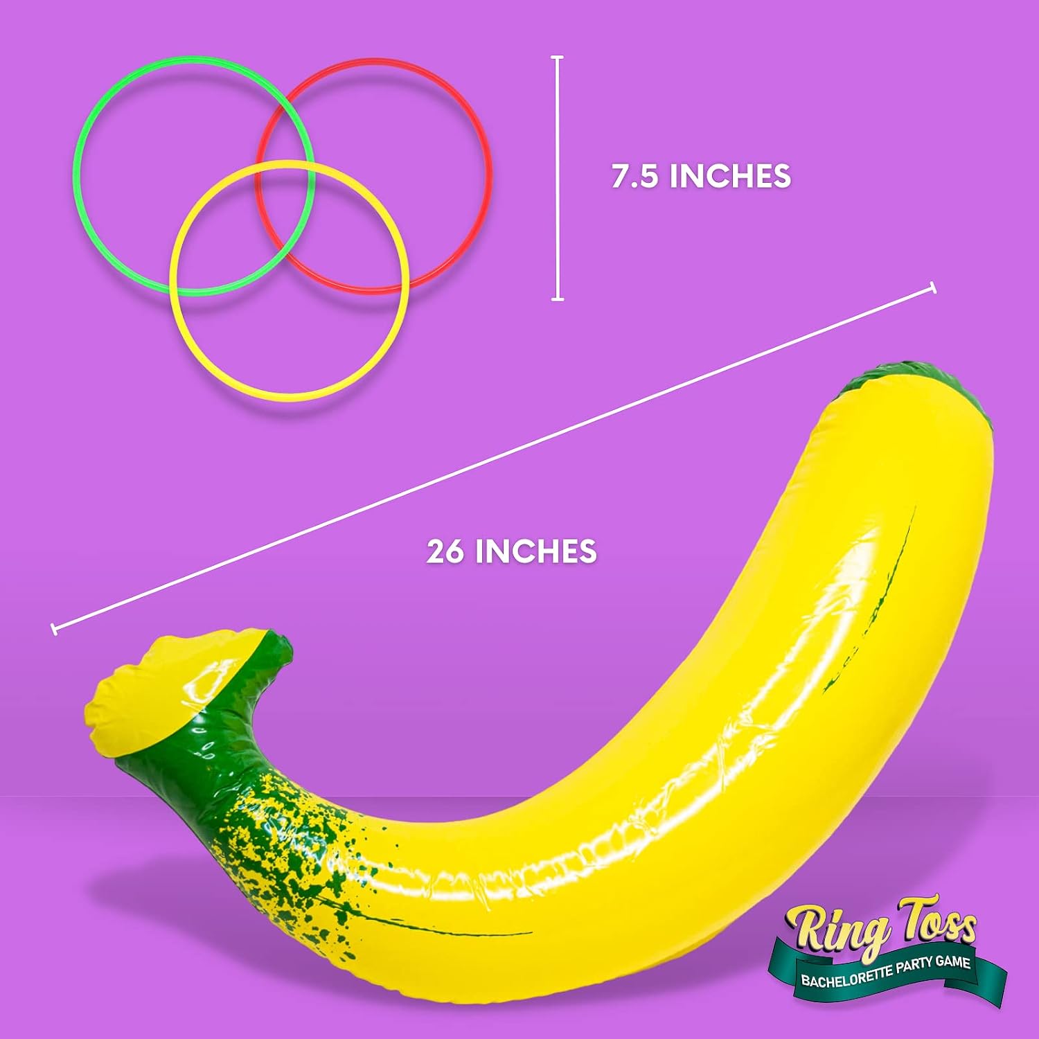 Inflatable Banana Ring Toss Game for Bachelorette Party - Bachelorette Party Games for Bridal Showers, Engagement Party & Game Night, Group Bachelorette Games for Parties (26" Banana, 3 Tossing Rings)