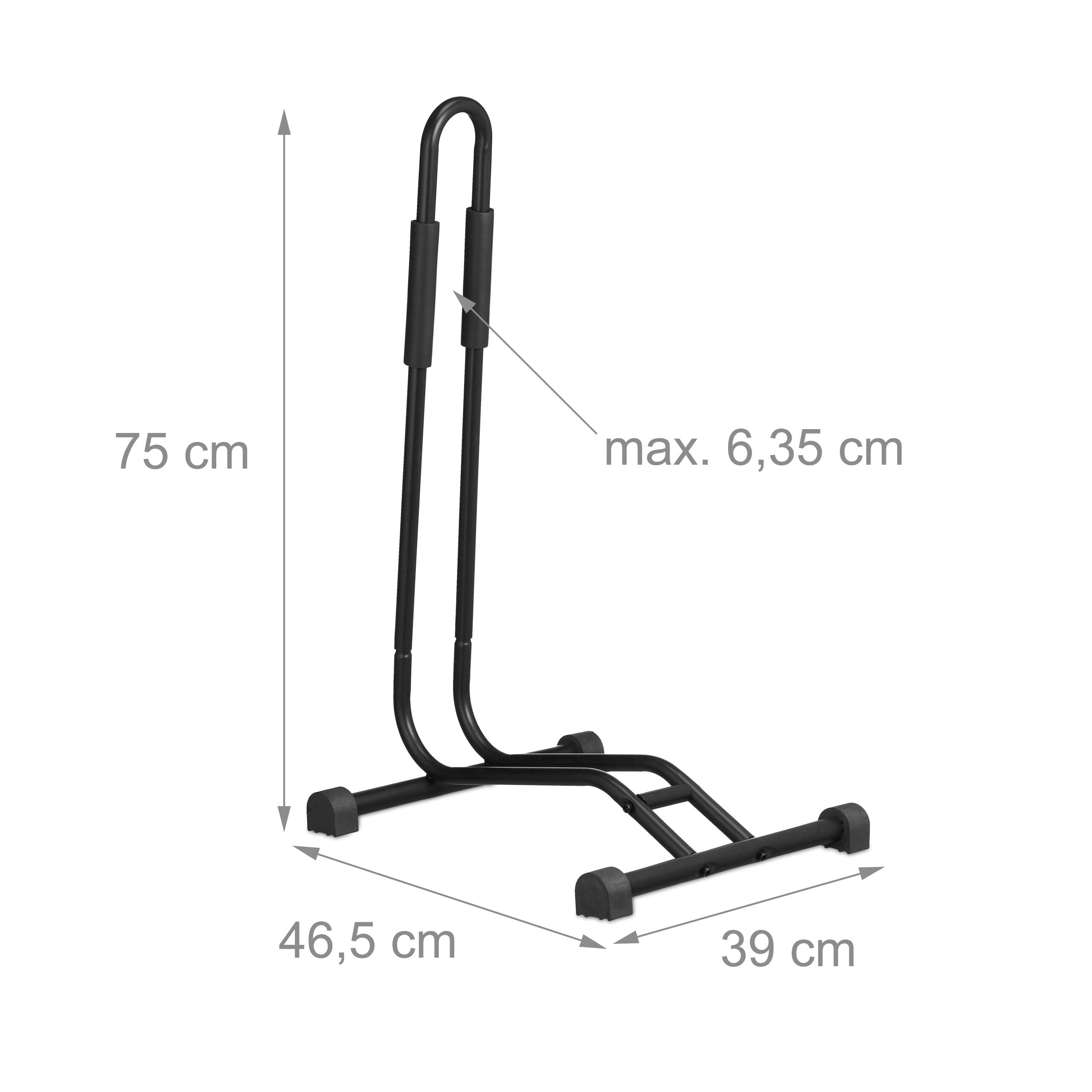 Relaxdays Stojak na rower podłoga, do opon o szerokości do 2,5", stojak wystawowy na rower, przednie i tylne koło, czarny