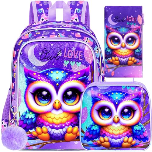 Image of CCJPX 3PCS Kids Backpack for Girls, 16 inchOwl Bookbag with Lunch Box, Cute Water Resistant Elementary School Bag for Kindergarten Preschool Toddler