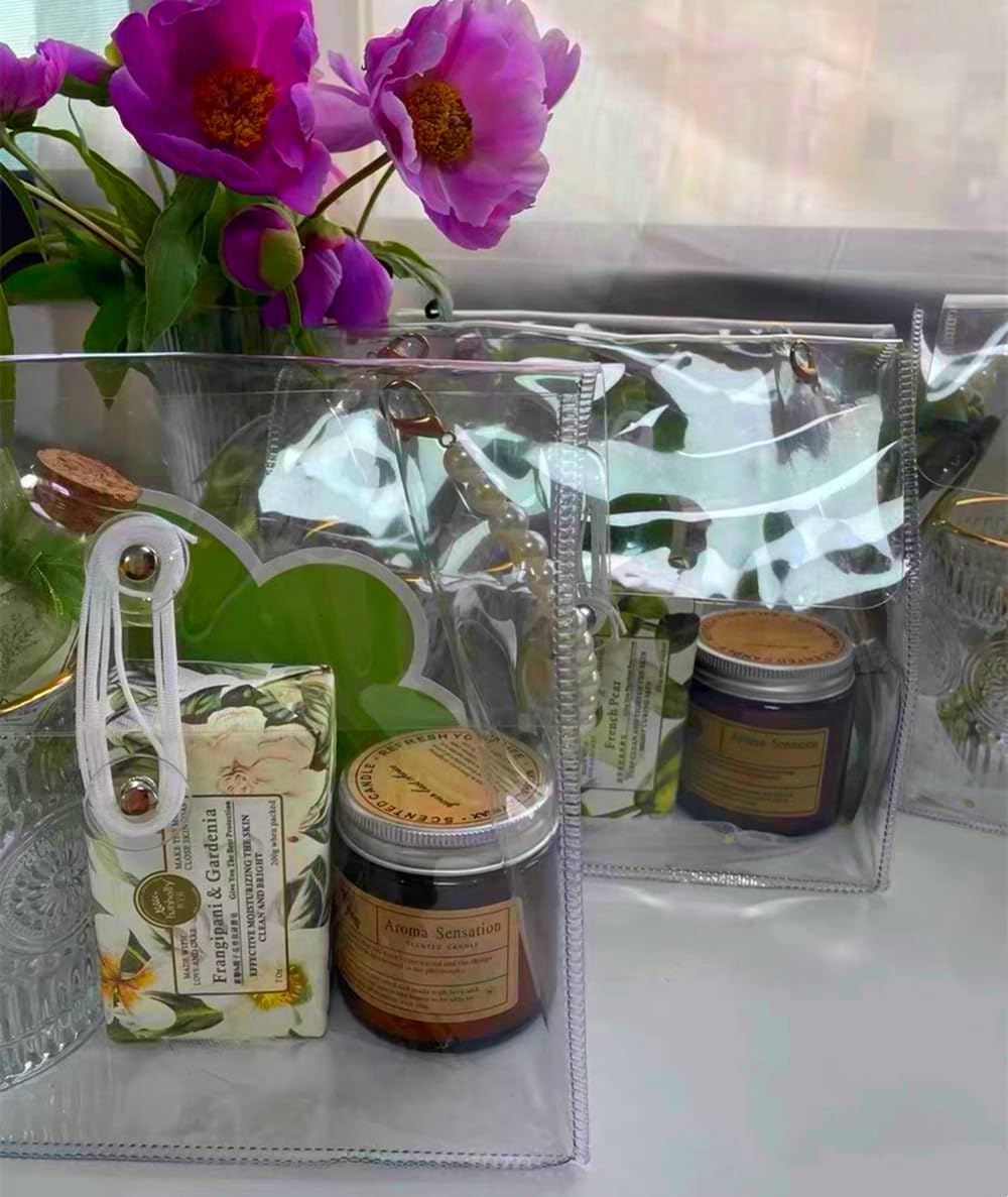 Clear Gift Wrap Bag with Pearls Handles(2pcs, 7.9 X 7.1 X 4'')Heavy Duty Plastic Waterproof Gift Packing Bag for Party, Reusable Merchandise Retail Transparent PVC Shopping Tote Bags for Package Candy - Image 5