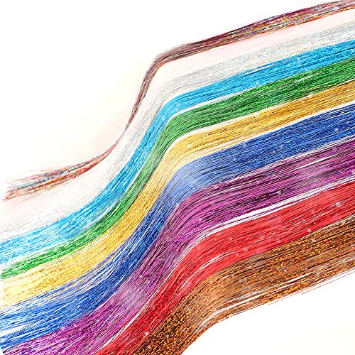 10 Colors Hair Tinsel Strands Kit Glitter Fairy Hair Heat Resistant Hair Girls Hair Accessories Party Colorful Clip in Tinsel Hair Extensions Synthetic Straight Long Hairpiece (10PCS Rainbow Color)