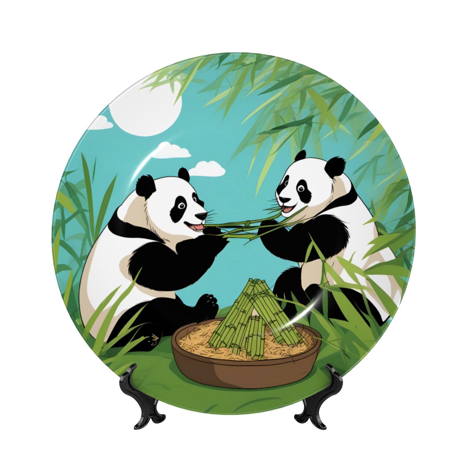 SXZVVBN Two cute big pandas Bone China Decorative Plate Art with Stand Removable Adhesive Hanging for Home Office 7in