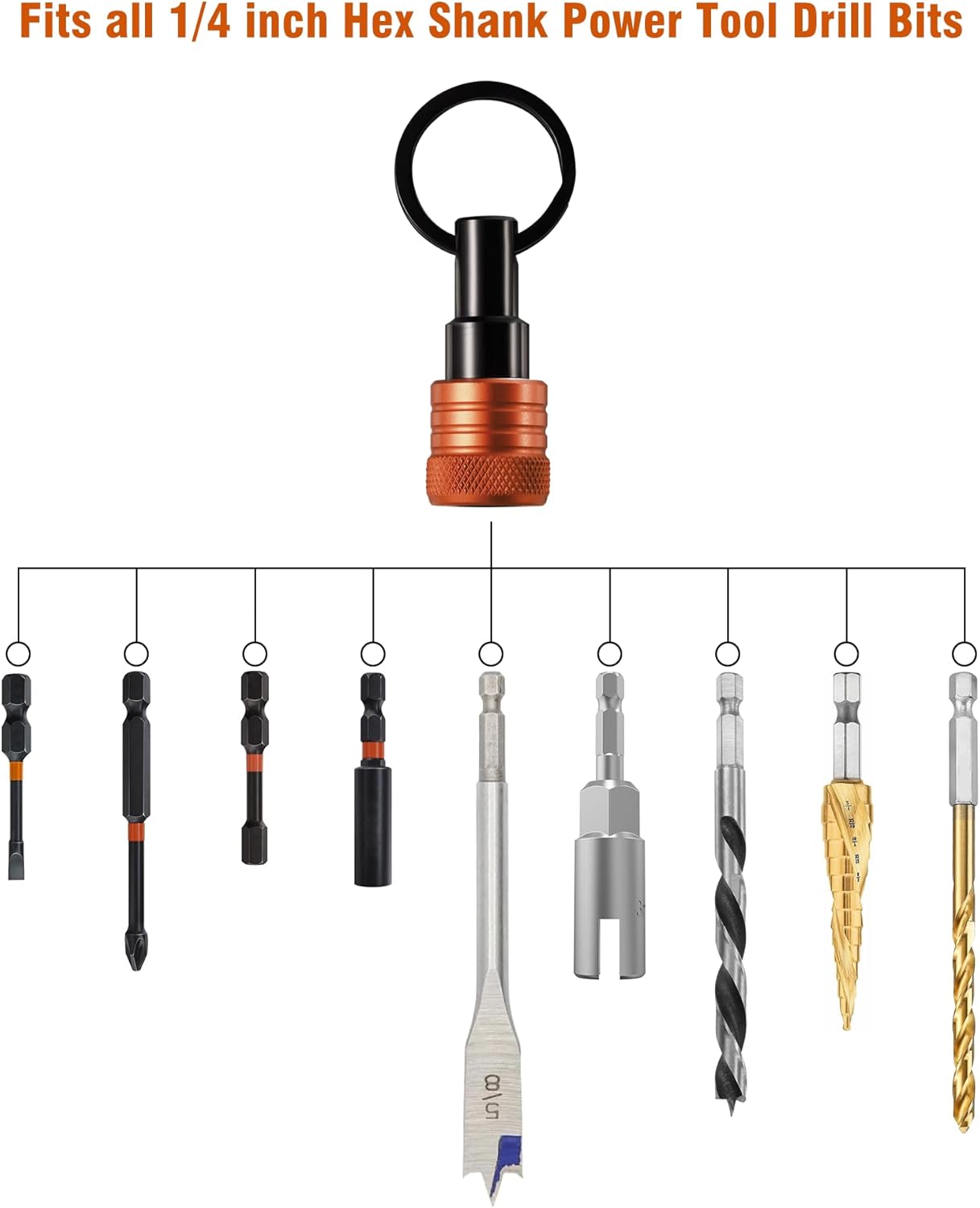Bit Holder Key Chain 12 Pcs Set, 1/4 inch Socket Hex Shank Bit Holders Keychain for Impact Drills Nut Driver, Quick Release Screwdriver Extension Tool with Carabiner, Tools Gifts for Men