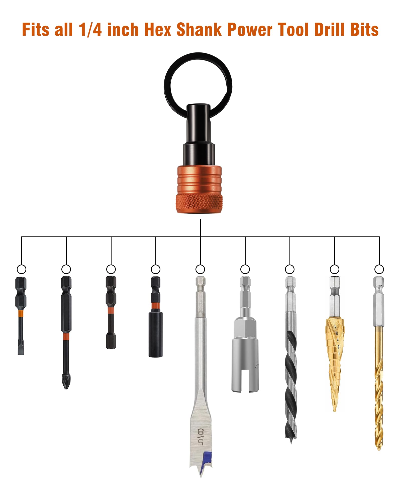 Set di 12 portachiavi porta punte, 1/4", con attacco esagonale, portachiavi per trapani a percussione, cacciavite a sgancio rapido, strumento di estensione con moschettone, strumenti regalo per uomini