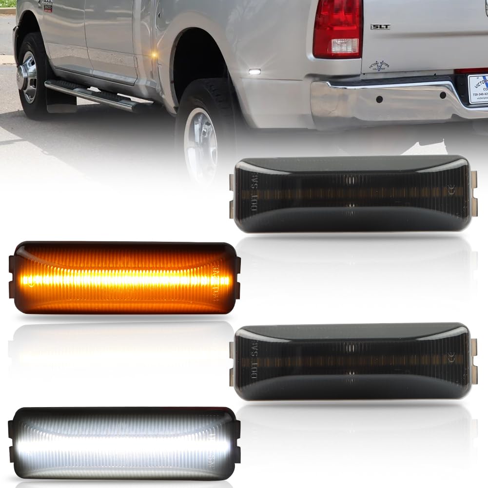 OFFKAT NEW Front & Rear Fender LED Side Marker Lights for 1994-2002 Dodge RAM 1500 2500 3500, Ram Smoked Lens Side Bumper Marker Lamps, Amber & White