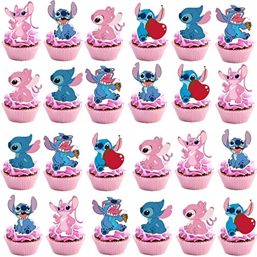 48 Pcs Pink Lilo and Stitch Party Cupcake Toppers, Girl Lilo and Stitch Birthday Party Decorations