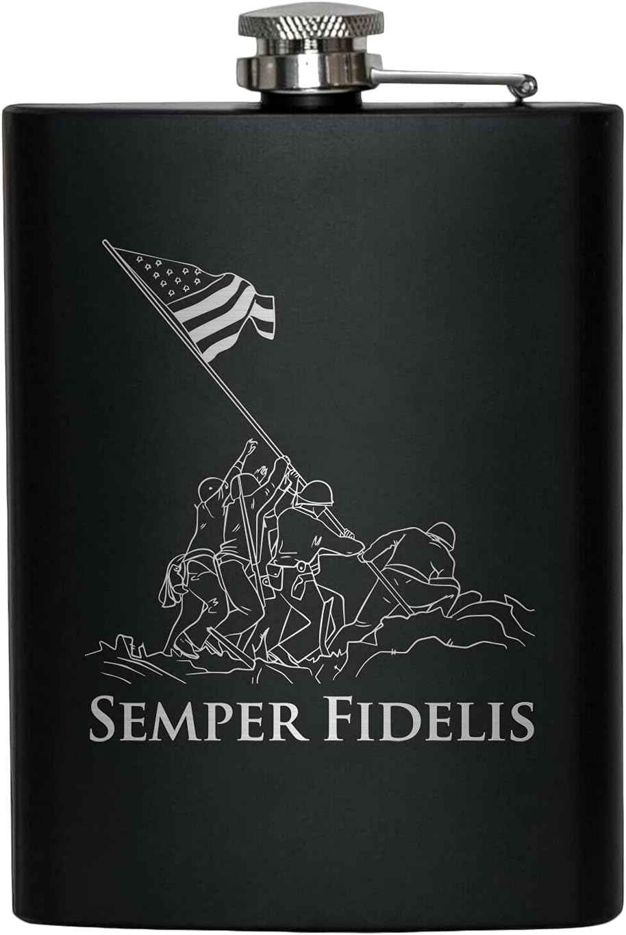 Stainless Steel Hip Flask for Liquor – Matte Black, Great Gift Idea for Marines | USMC 8oz Flask Black