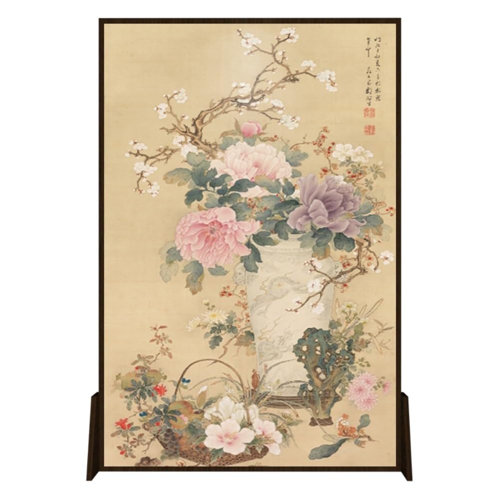 Privacy Screen Floor-standing Peony Screen Partition Living Room Entrance Shield Office Study Decorative Background Wall Retro Room Divider