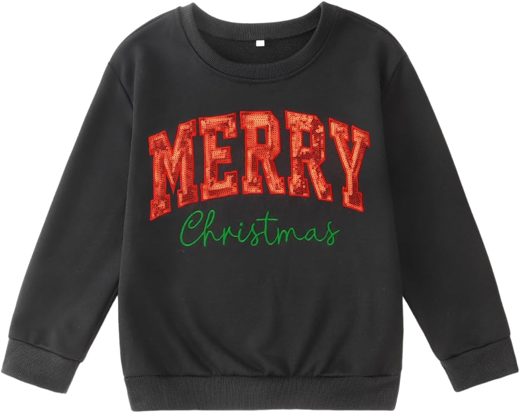 MODNTOGA Boy Girl Merry Christmas Sweatshirt Big Kid Merry Sequin Graphic Crewneck Shirt Retro Xmas Holiday Long Sleeve Tops (Black, 7-8 Years)