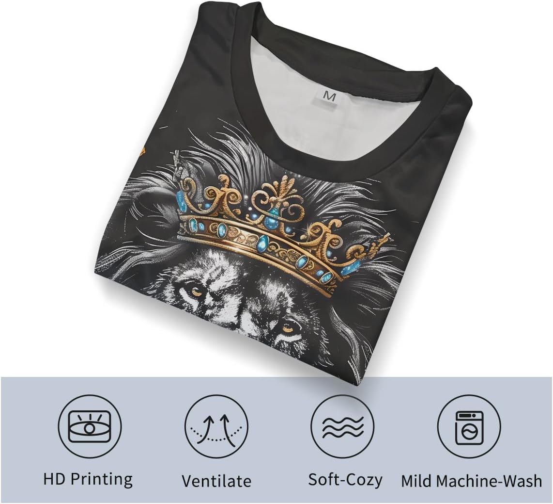 Men's Casual Lion with Crown Print T-Shirt Fashion Graphic Tee Shirts Short Sleeve - Image 4