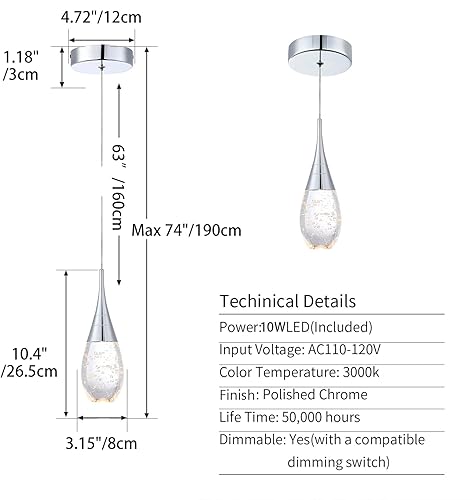 Miniatura 6 de JoollySun Mini lámpara colgante individual Moderna lámpara colgante de techo regulable LED con cristal de burbuja para cocina, isla bar, dormitorio,