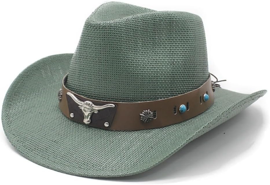 Western Cowboy Hat, Black Straw, Longhorn Concho Band with Turquoise Accents, Wide Brim
