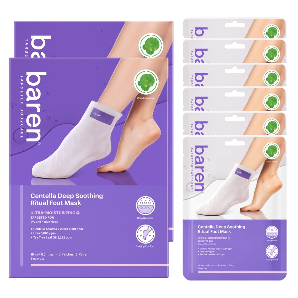 Baren CICA Urea Foot Mask for Dry Cracked Heel - Moisturizing Spa Foot Mask with Centella, Panthenol & Tea Tree - Professional Heel Repair & Odor Care - No Peeling (3 Pairs)