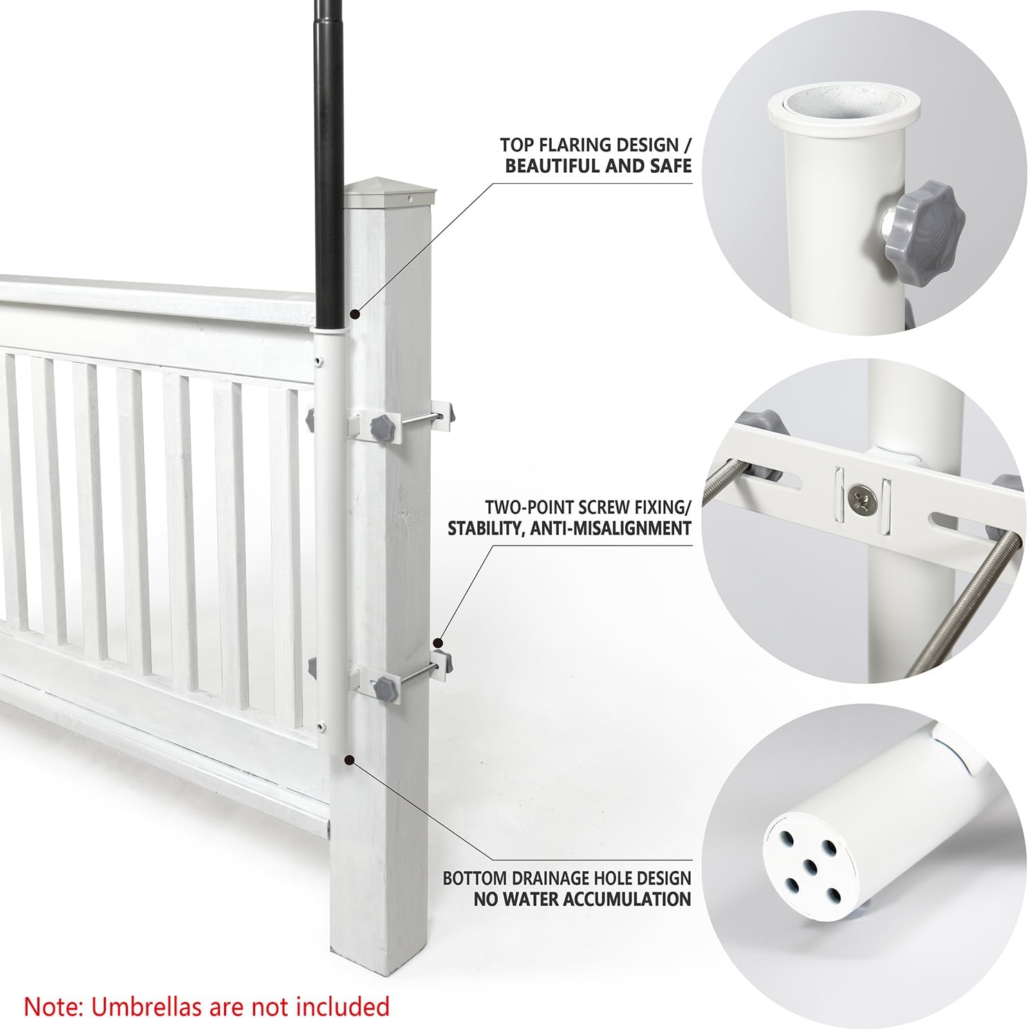 304 Stainless Steel Umbrella Holder for Deck Railing, Heavy-Duty Patio Umbrella Mount, Easy Installation Adjustable Outdoor Umbrellas Base(Post, White)