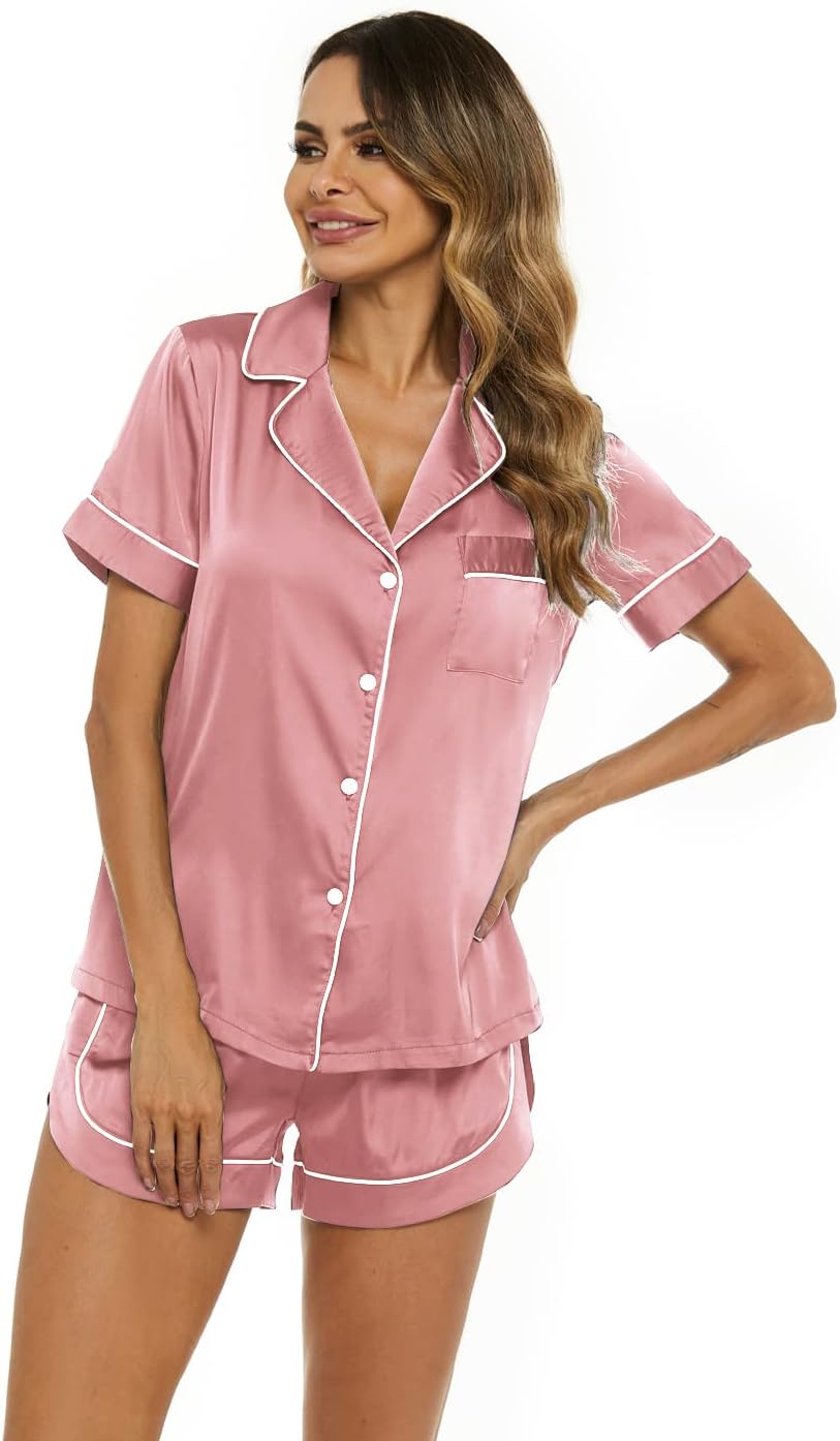 Silk Satin Pajama Set for Women Button Down Short Sleeve 2 Piece Soft Pjs Sleepwear - Image 4