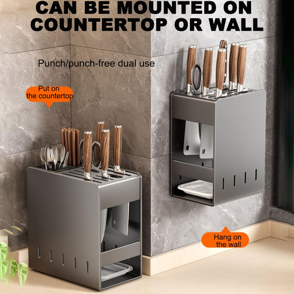 Portacuchillas De Acero Inoxidable De Pared Sin Perforaciones, Con Capacidad Para 7 Cuchillos, Con Bandeja De Drenaje, Orificio De Ventilación, Portacuchillas Sin Cuchillo,Blanco