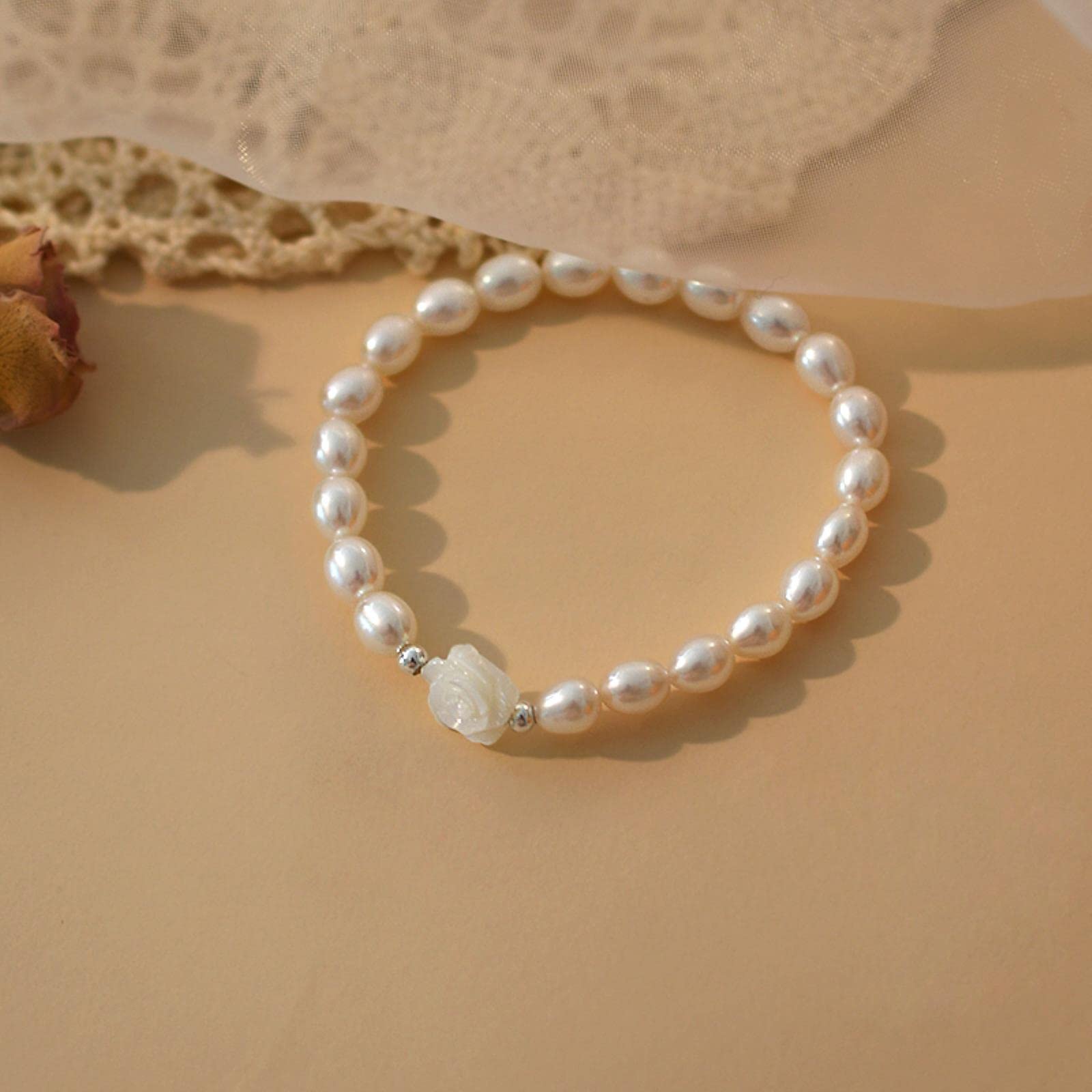 HLTYGWX Pulsera de Flores de Concha de Perla de Agua Dulce Natural, joyería de de Plata de Ley 925 para niña
