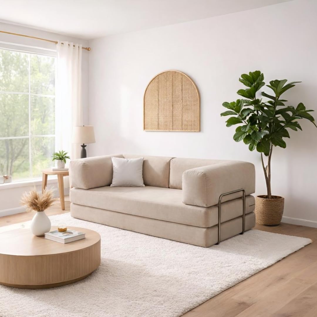 Torque Vegas Three Seater Sofa Cum Bed for Sleeping-Beige | Premium Suede Fabric 3-Seater Double Foam Fold Out Sofas Bed | Convertible 3-in-1 Sofa Cuma Bed for Office-image-35