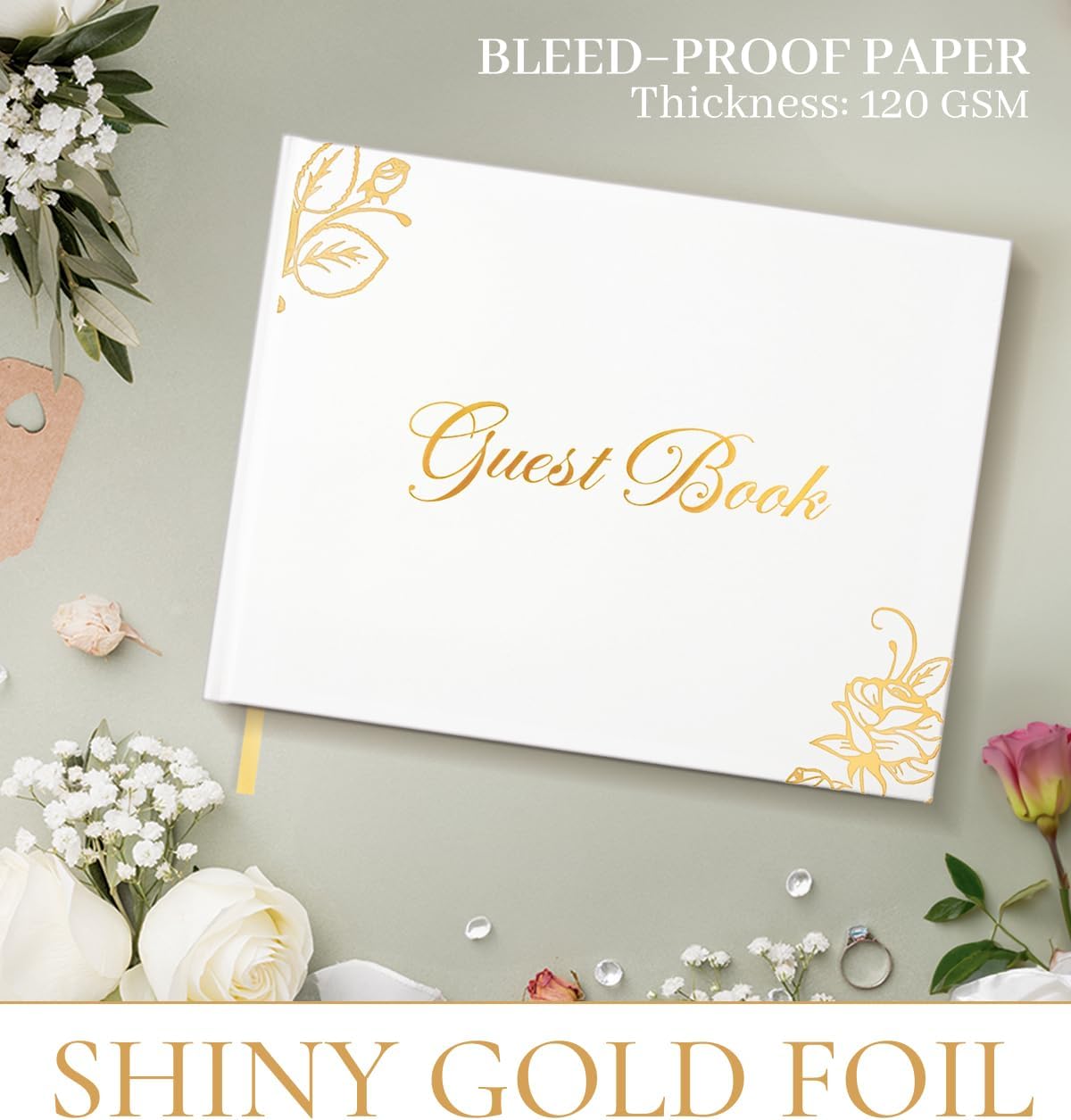 Wedding Guest Book Set with Black Metal Display Stand – Elegant Hardcover Memory Book (White, 7.2 x 9.2 in) with Gift Box – Perfect Guest Signing Book for Weddings, Baby Showers & Events