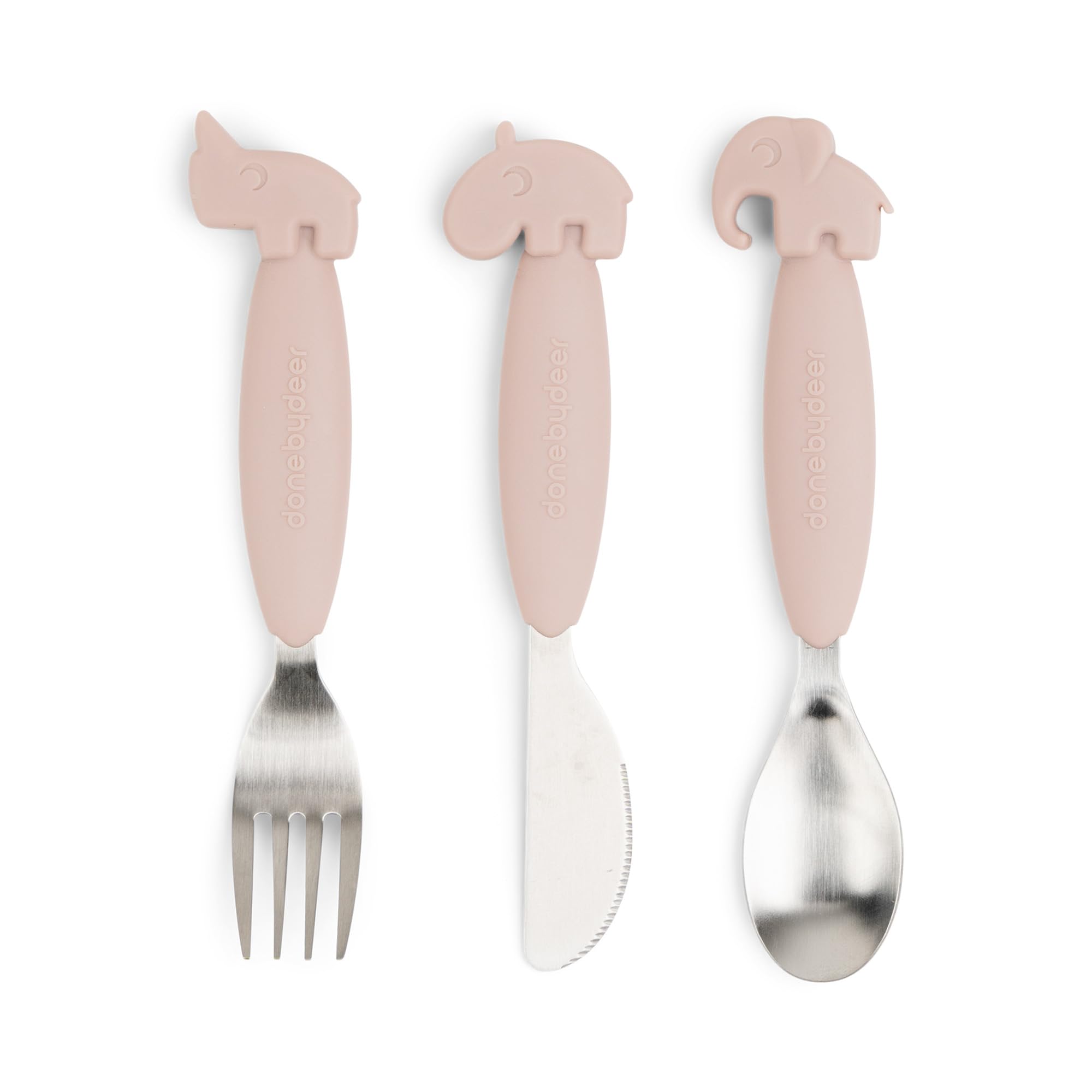 Done by Deer - Set di posate in polvere di Deer Friends, impugnatura facile da impugnare, manici morbidi e antiscivolo, design carino con cervi amici, perfettamente dimensionato per le mani piccole,