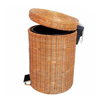 Wicker Trash Can with lid Bathroom, Slow Down Silent Pedal Garbage Bin with Lid, Removable Liner Bucket Wastebasket, Round Rattan Garbage Can Trash Bin, for Bathroom Living Room Kitchen  Color Yell