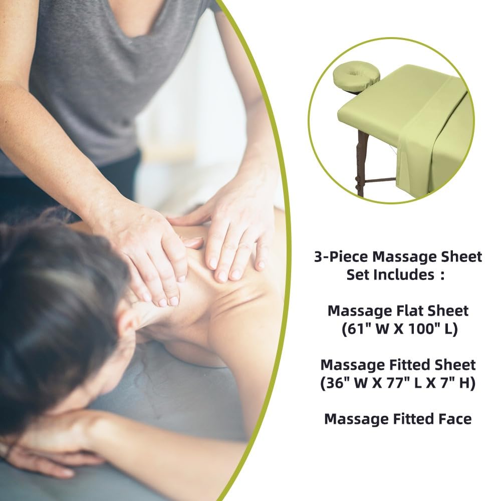 Massage Table Sheets Cover, 3 Piece Reusable Set Includes Massage Table Pad Bed Cover Sheets, Fitted Sheet and Face Rest Cover,Esthetician Bed Linens for SPA, Beauty & Tattoo Professionals,Sage