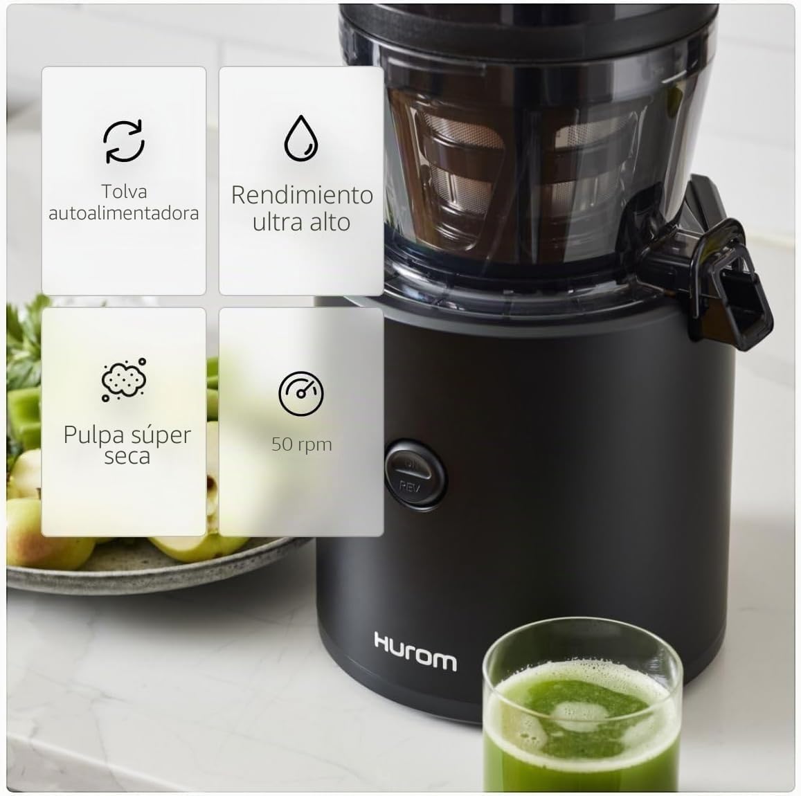 HUROM Exprimidor lento,Exprimidor de verduras y frutas,H320N,Prensa fría eléctrica,Motor silencioso,Fácil de limpiar,Con recipiente grande y filtro de colador,2 l,200 W,Sin BPA,Negro
