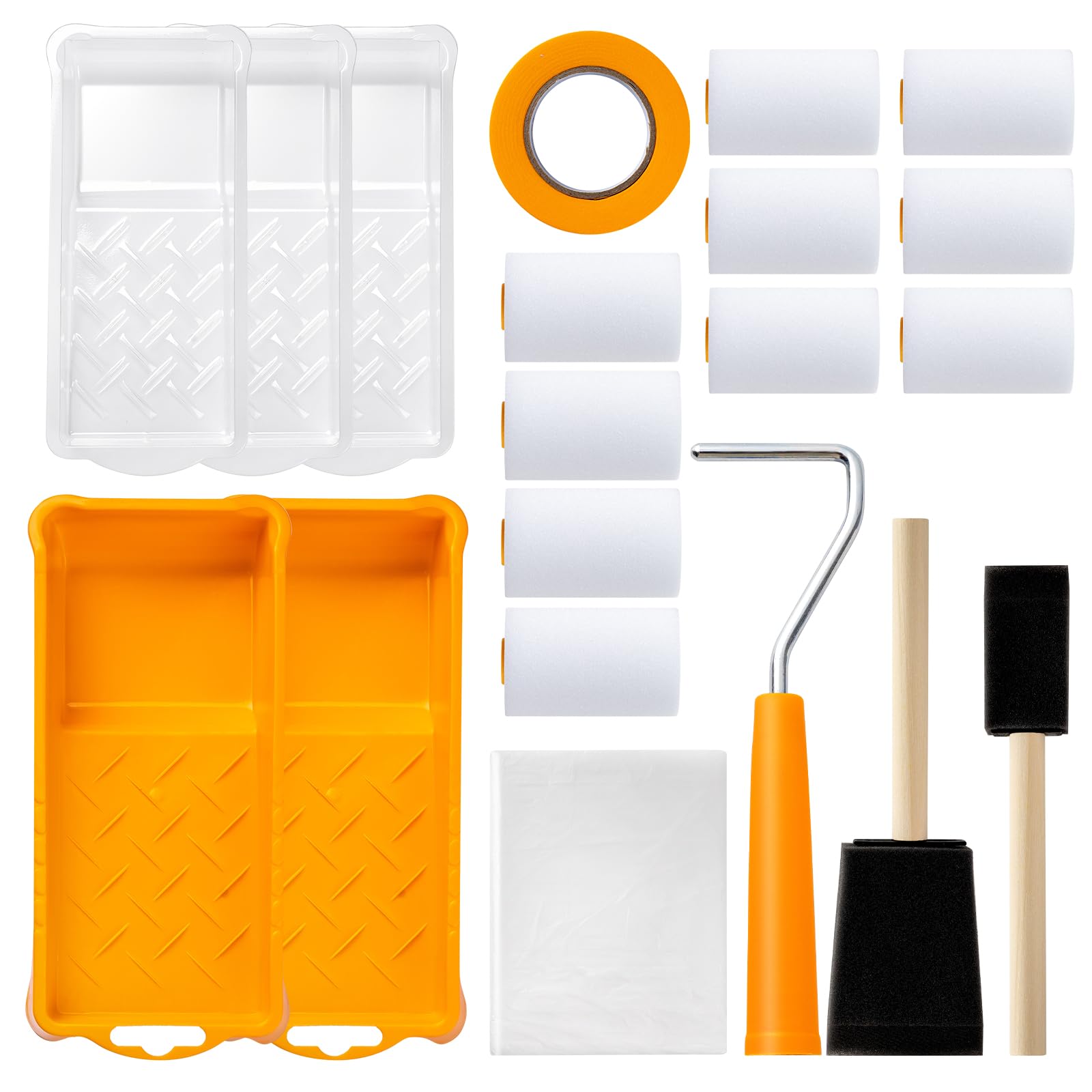 Mister Rui Paint Roller Kit, 2 Inch Foam Paint Rollers 20 Pack, Foam Paint Brushes, Small Paint Roller with Tray, Painter's Tape and Plastic Sheeting, Mini Rollers for Painting Furniture, Stenciling