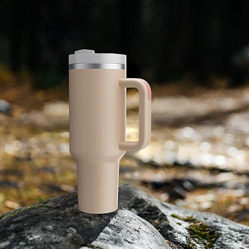 Miniatura 8 de MURRICON Vaso de 40 onzas con asa y popote, vaso reutilizable con tapa, aislamiento al vacío de acero inoxidable, para café y bebidas (cuarzo rosa)