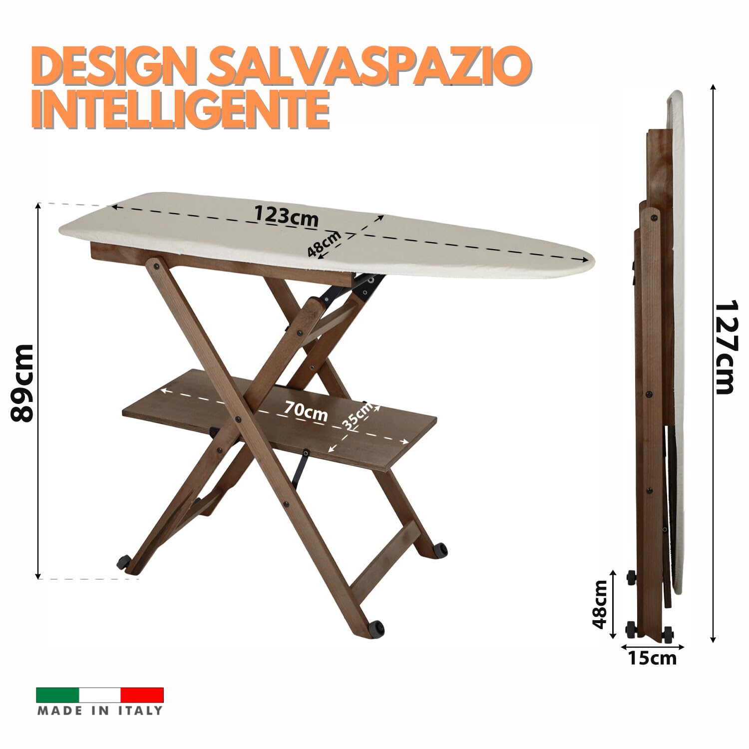 Marvin Asse da Stiro in Legno di Faggio Lara Richiudibile con Ruote e Ripiano Porta Biancheria Robusto Pieghevole Salvaspazio Made in italy (Noce)