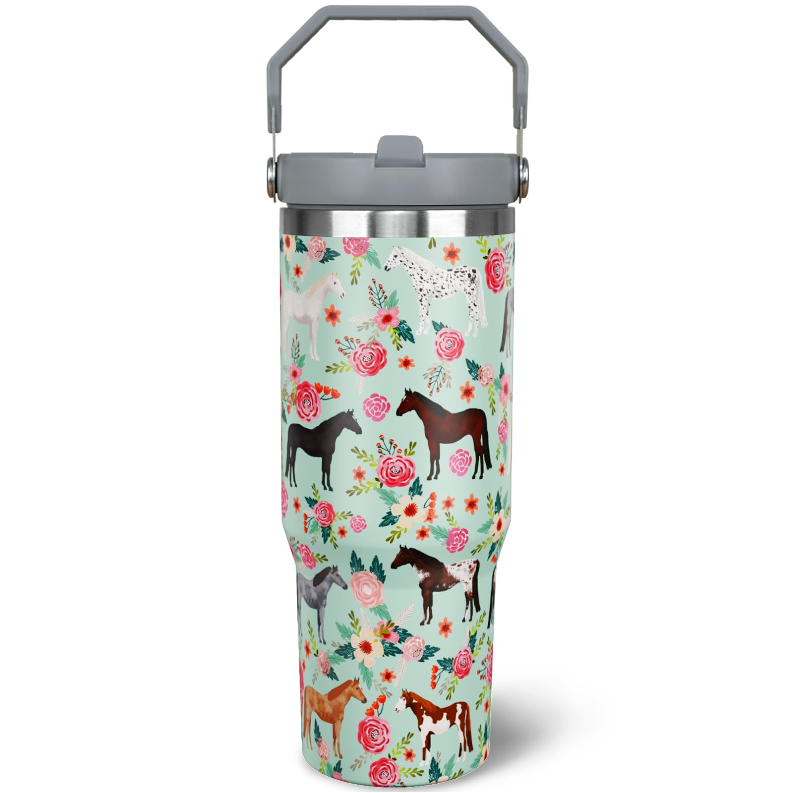 30 oz Horse Tumbler with Handle and Flip Straw, Vacuum Insulated Water Bottle Stainless Steel, Leak Proof Travel Coffee Mug Gifts for Horse Lover,