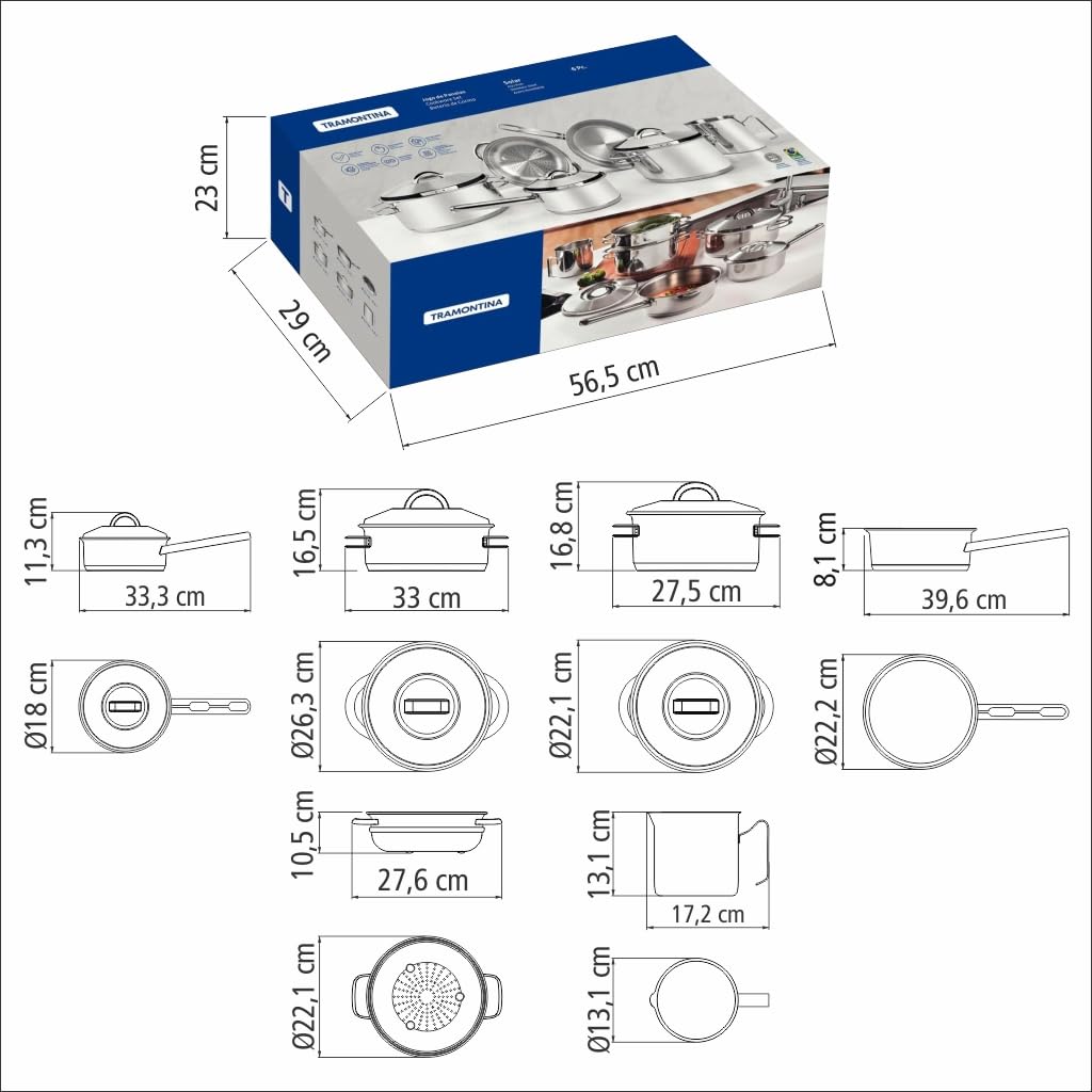 Tramontina Set di Pentole Solar da 6 Pezzi in Acciaio Inox con Base Tri-Ply