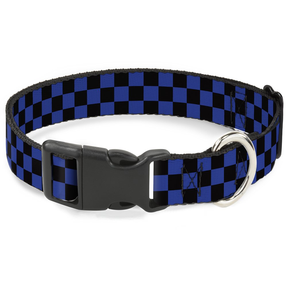 Buckle-Down Plastic Clip Collar - Checker Black/Neon Blue - 1.5" Wide - Fits 16-23" Neck - Medium