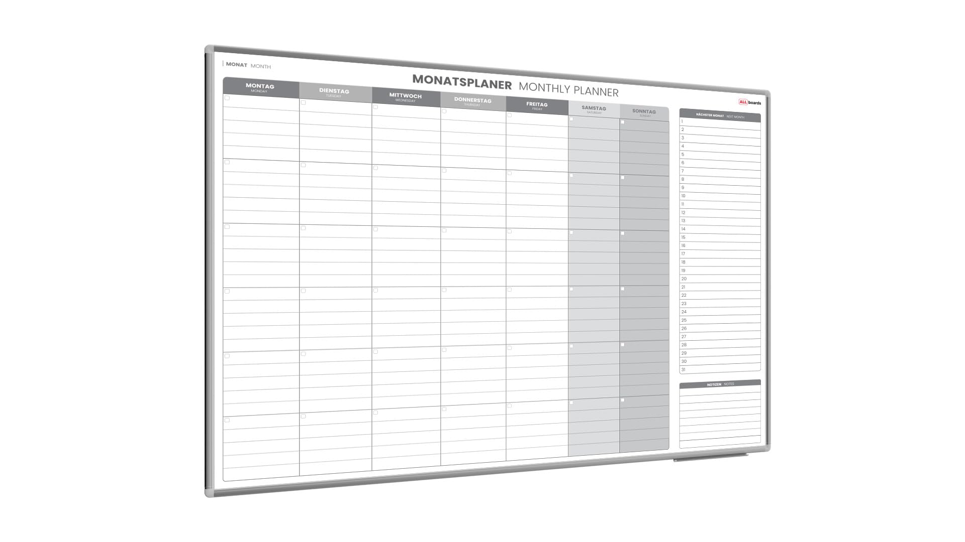ALLboards Magnetischer Monatsplaner 120x90cm für Monatsplanungen, einfach zu beschreiben Monatsplaner Wandkalender Memoboard Magnettafel auf Deutsch