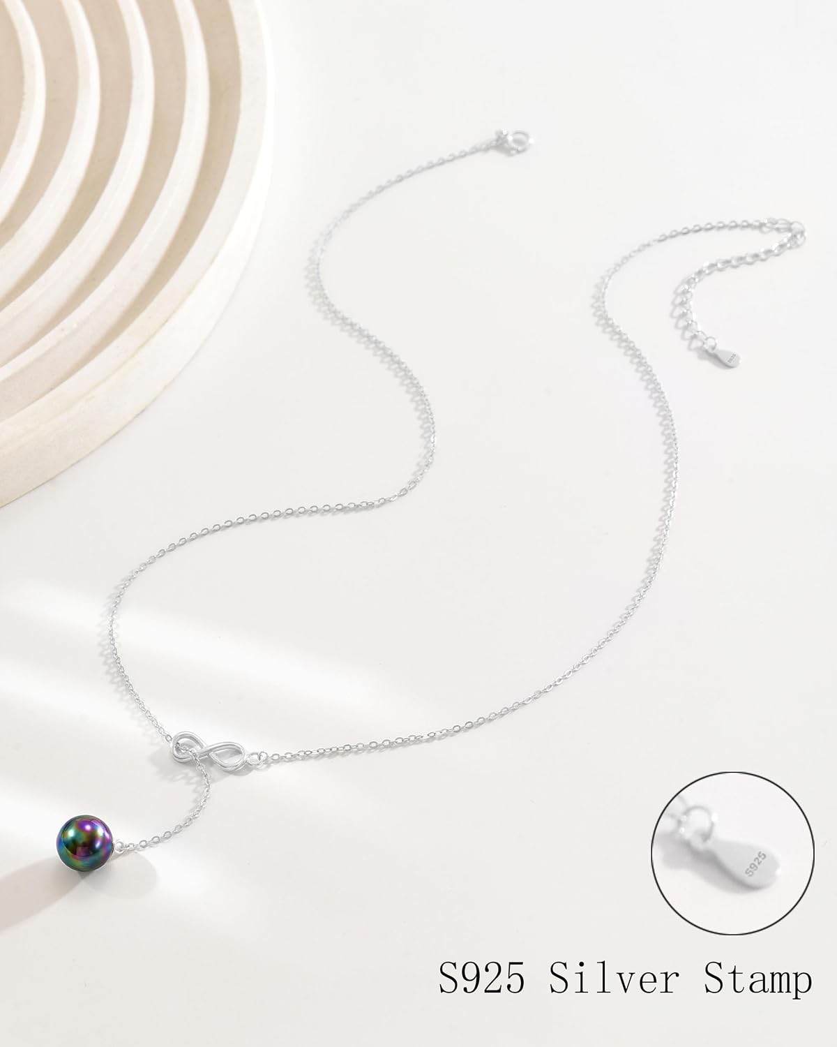 Pearl Long Lariat Necklaces for Women,Dainty 925 Sterling Silver Black Iridescent Pearl Y-shaped Drop Necklace to Daughter 14k Gold Plated Trendy 8 Infinity Pendant Sliding Necklace Charm Chain Wedding Jewelry Gift